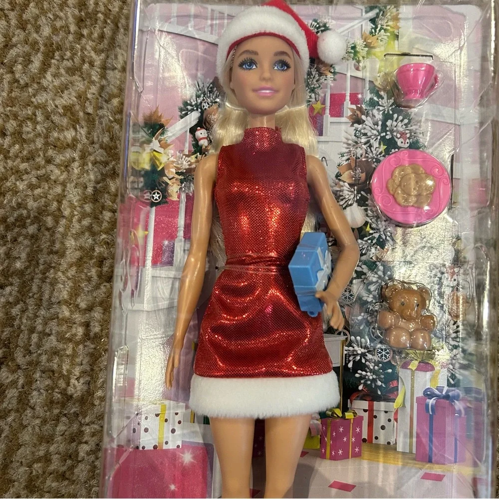 NEW in package Barbie Santa doll with present, bear, milk and plate of cookies